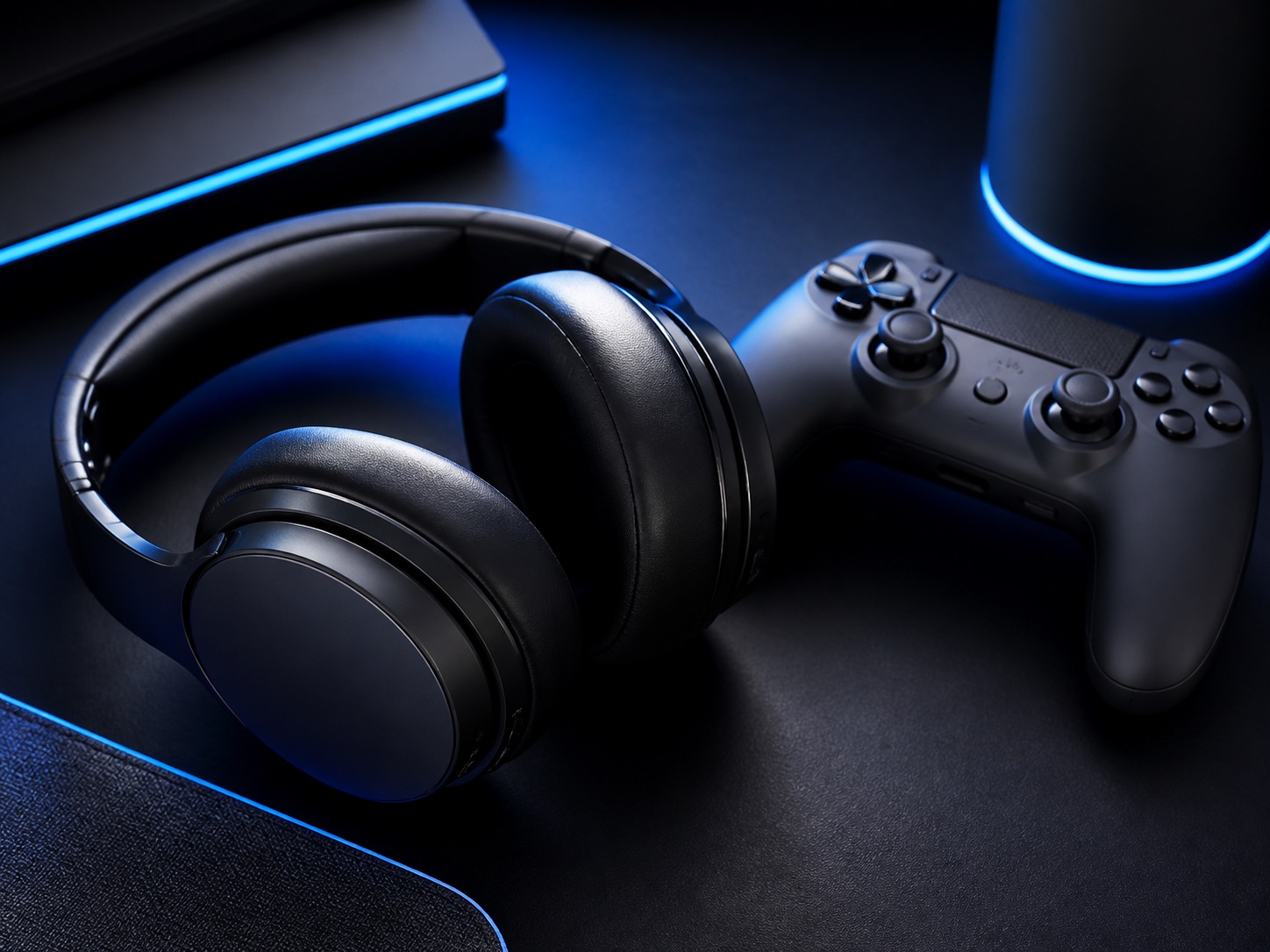 Wireless headphones and gaming controller on a dark desk