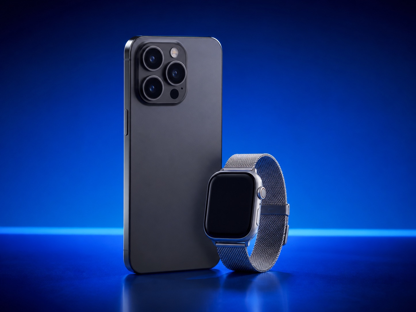 Graphite smartphone and smartwatch in a blue studio