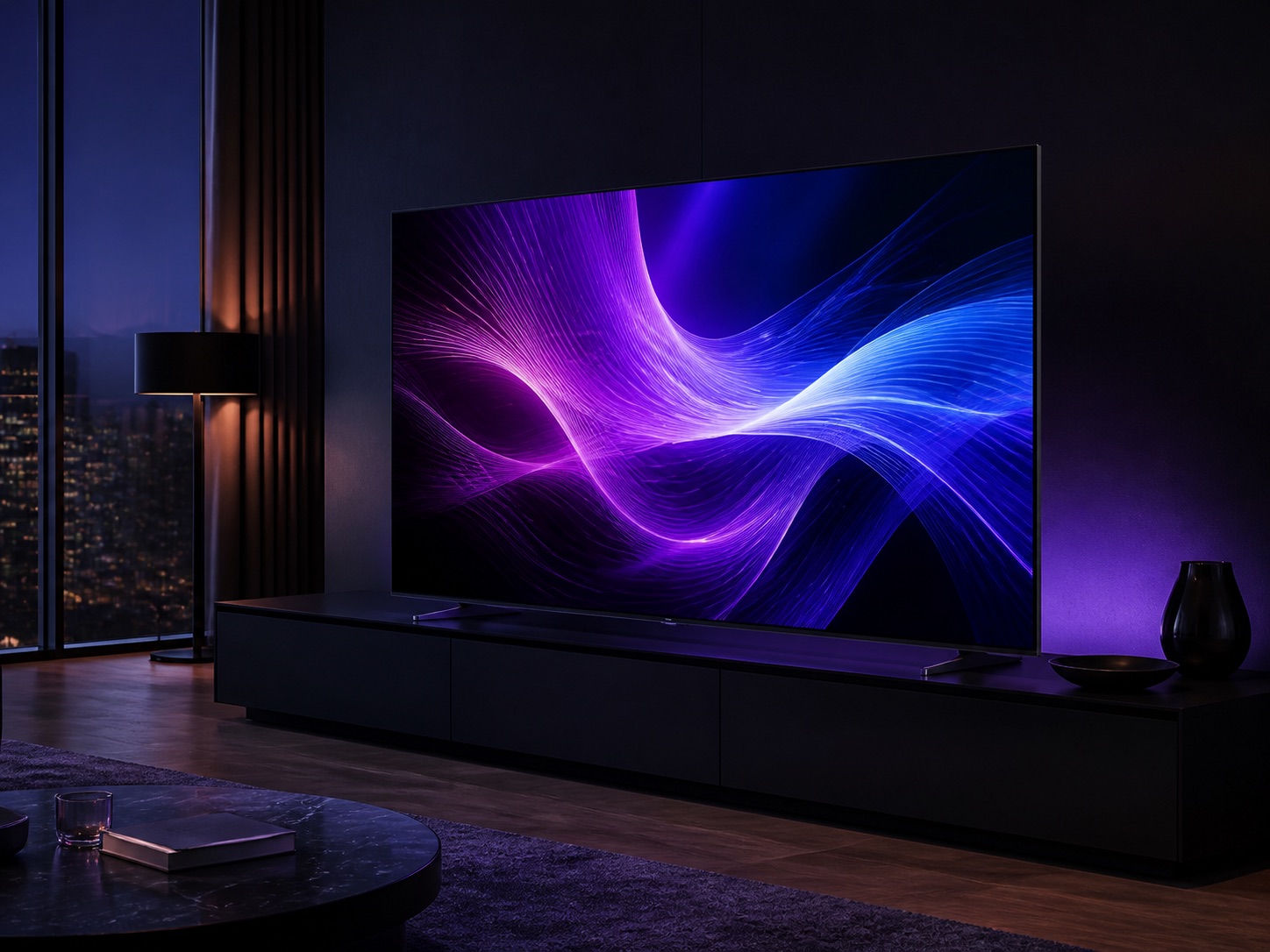 Large OLED television in a dark modern living room